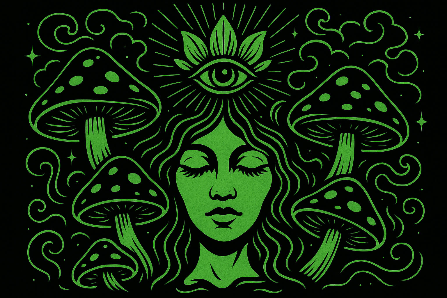 Psychedelic mushrooms growing from glowing substrate